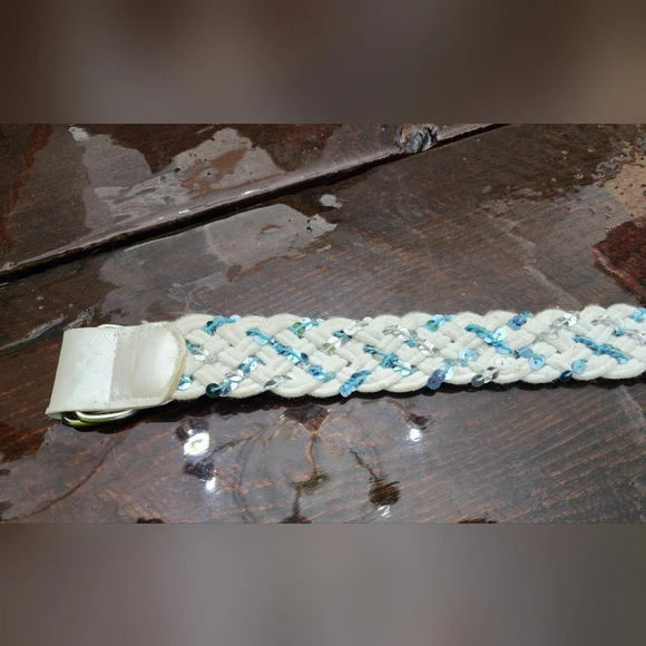 👸👖🩳  White Braided D-ring Belt with blue & silver sequins - Picture 2 of 13